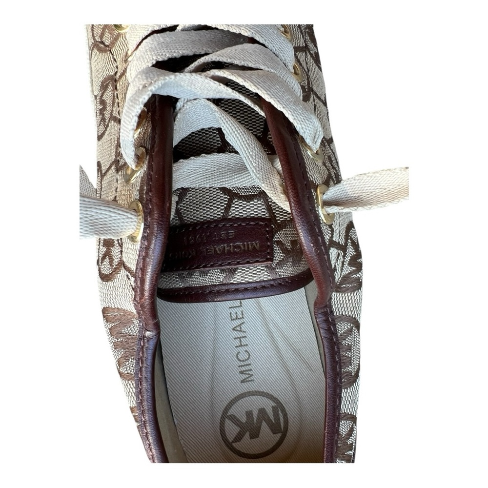 Michael Kors Shoes Brown Leather Tan Canvas Logo Lace Up Sneakers Size 6.5 - Picture 4 of 7